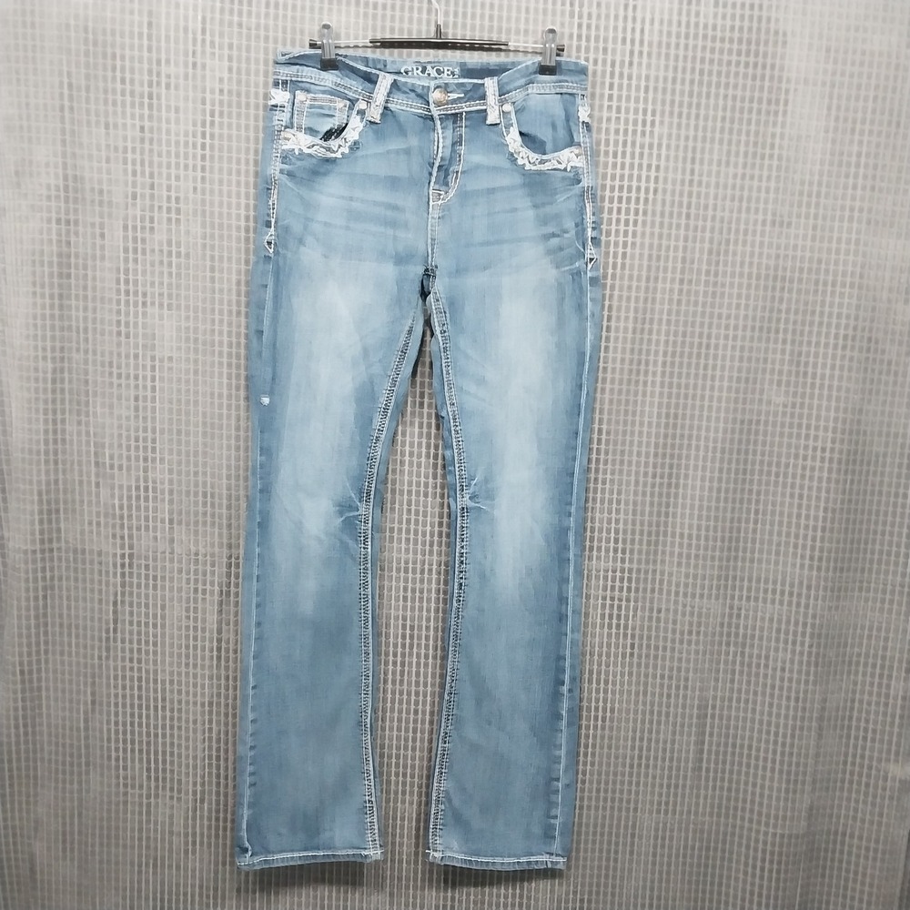 Grace in LA Womens Easy Fit Bootcut Embroidered Sequin Jeans Size 28 Blue